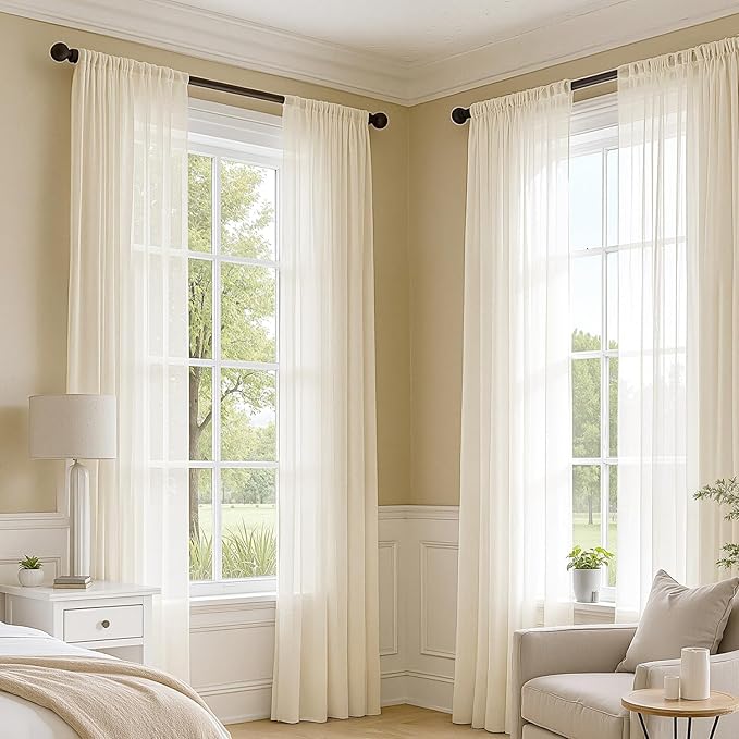 MIULEE Butter Cream Sheer Curtains 96 Inches Long, 4 Panels Set, Rod Pocket Voile Drapes Light Filtering and Semi Transparent, Elegant Window Treatments for Bedroom Living Room,54 x 96 Inches