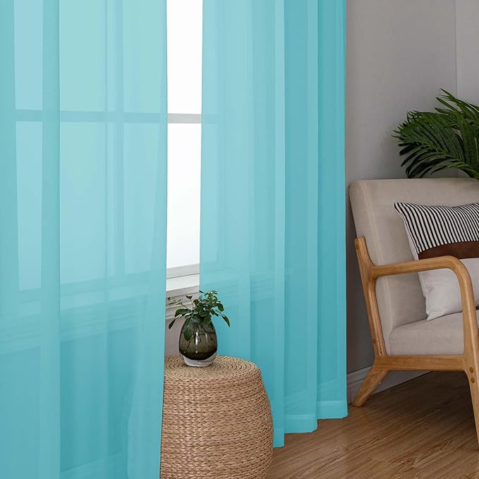 OWENIE Aqua Sheer Curtains for Bedroom Living Room 96 Inches Long 2 Panels Set, Soft Solid Light Filtering Clear Sheer Ceiling to Floor for Large Window, 2Pcs, Each 42" W x 96" L, Aqua