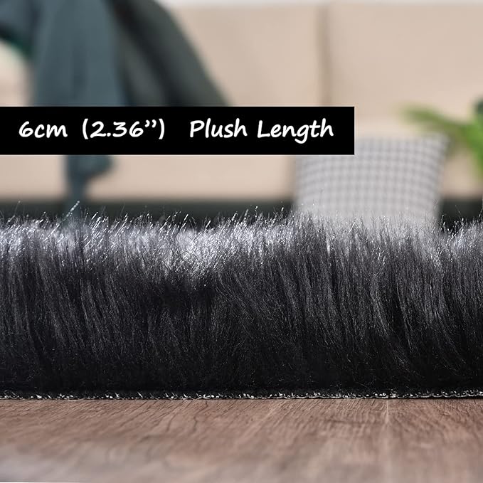 Goolela Black Round Rug 3ft Fluffy Fuzzy Sheepskin Rug Black Circle Faux Fur Rug for Bedroom Living Room Washable Décor