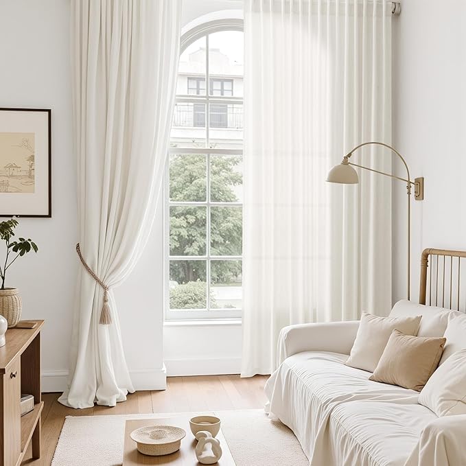 Nanspring Neutral Linen Curtains 102 Inches Long for Living Room Linen Blend Light Filtering Sheer Curtain Back Tab and Rod Pocket Coastal Modern Farmhouse Decor Drapes for Bedroom 52x102, 2 Panels