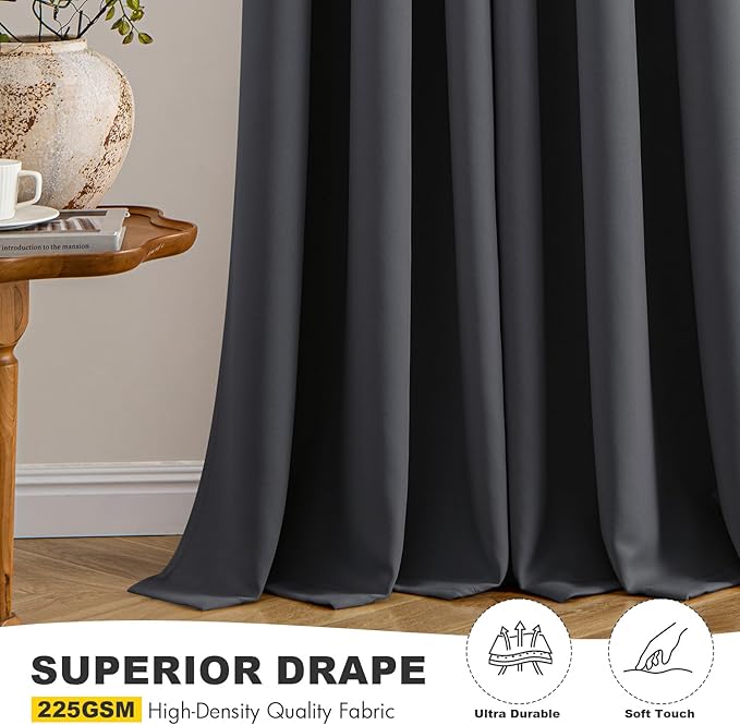 MIULEE Dark Grey Blackout Curtains for Bedroom Living Room 96 Inches Long 2 Panels, Thermal Insulated Room Darkening Drapes Solid Grommet Noise Reduction Light Blocking Window Treatments 40x96 Inch