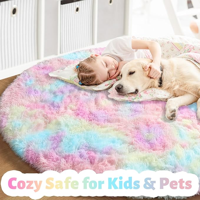 Amdrebio Rainbow Fluffy Round Rug 5Ft Kids Rugs for Girls Bedroom, Unicorn Room Decor, Colorful Pastel Shag Carpet for Playroom Baby Nursery, Cute Furry Kawaii Circle Area Rug for Toddler Princess