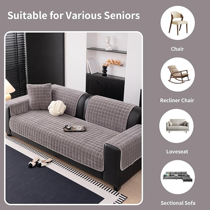 Velvet Couch Cover, Washable Sectional Sofa Cover, Anti Slip Sofa Slipcover for 3 Cushion Couch Sofa L Shaped Armrest Backrest, Furniture Protector Covers for Pets Kids(Dark Grey, Only 1 PCS)
