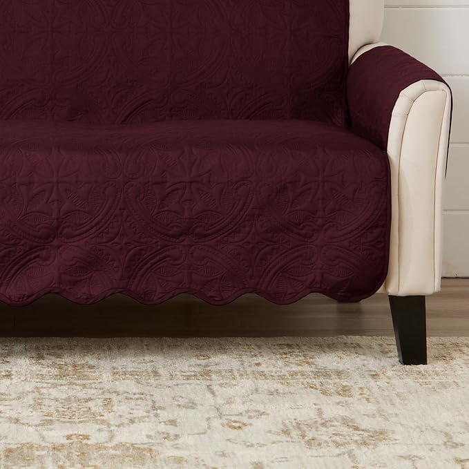 Great Bay Home Reversible Loveseat Cover - Washable Slipcover Furniture Protector with Elastic Straps - Perfect for Kids & Pets - Quilted & Stitched Detail (Wine/Light Grey)