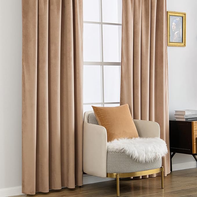 MIULEE Blush Beige Velvet Curtains 96 inches - Luxury Blackout Curtains for Bedroom Living Room Thermal Insulated Super Soft Window Drapes Rod Pocket & Back Tab, W52 x L96 inches, 2 Panels