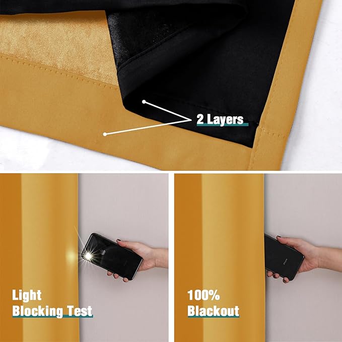 ChrisDowa 100% Blackout Curtains 102 inch Long for Bedroom with Black Liner, 2 Thick Layers Total Blackout Thermal Insulated Grommet Window Curtains 2 Panels Set (Mustard Yellow, 52 x 102 Inch)