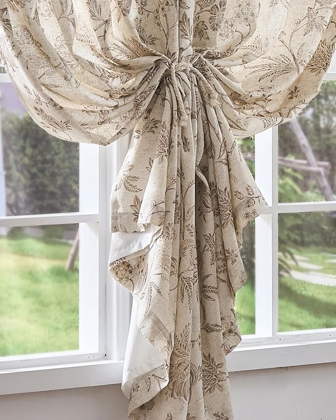 jinchan Lined Linen Floral Curtains for Living Room, 84 Inch Length Printed Flower Farmhouse Patterned French Country Back Tab Taupe Window Drapes Set Privacy Bedroom Curtains, 2 Panels