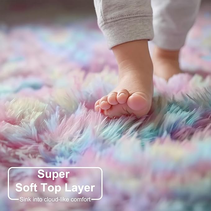Amdrebio Rainbow Fluffy Small Round Rug 3Ft Kids Rugs for Girls Bedroom, Unicorn Room Decor, Colorful Pastel Shag Carpet for Dorm, Soft Cute Fuzzy Kawaii Circle Area Rugs for Baby Nursery, Playroom