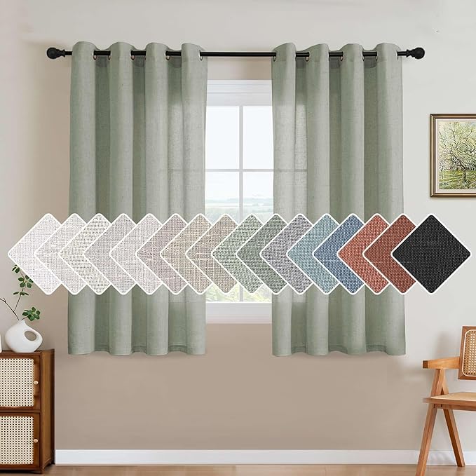 H.VERSAILTEX Living Room Linen Curtains - Semi Sheer, Nickel Grommet Energy Saving Light Filtering Window Treatments Panels for Bedroom, Sea Grass, 2 Panels, 52 x 54 - Inch
