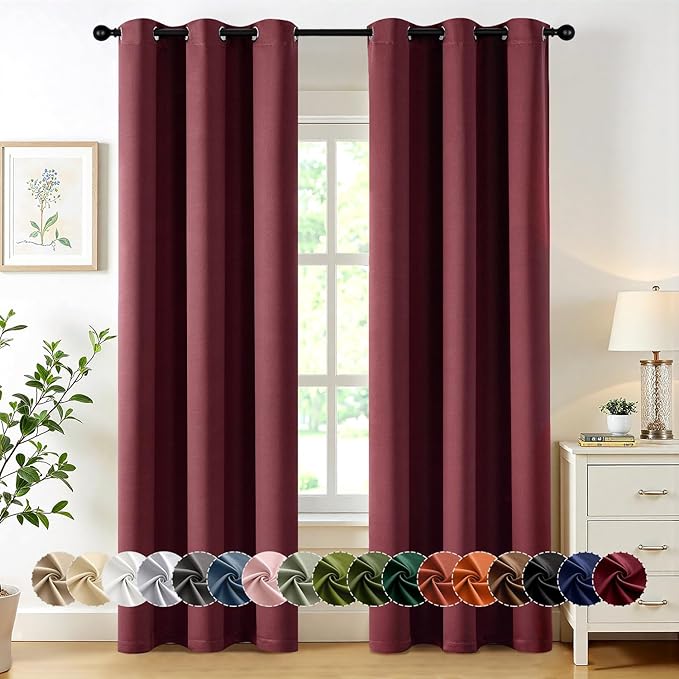 MIULEE Burgundy Red Blackout Curtains for Bedroom Living Room 90 Inches Long 2 Panels, Thermal Insulated Room Darkening Drapes Solid Grommet Top Noise Reduction Christmas Window Treatments 40x90 Inch