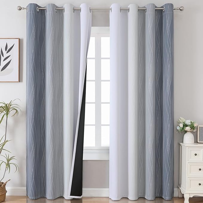 Estelar Textiler Grey and Greyish White Ombre Blackout Curtains 90 Inches Long 2 Panels Set, Thermal Insulated Drapes for Bedroom, Full Room Darkening Gray Grommet Curtains for Living Room,52Wx90L