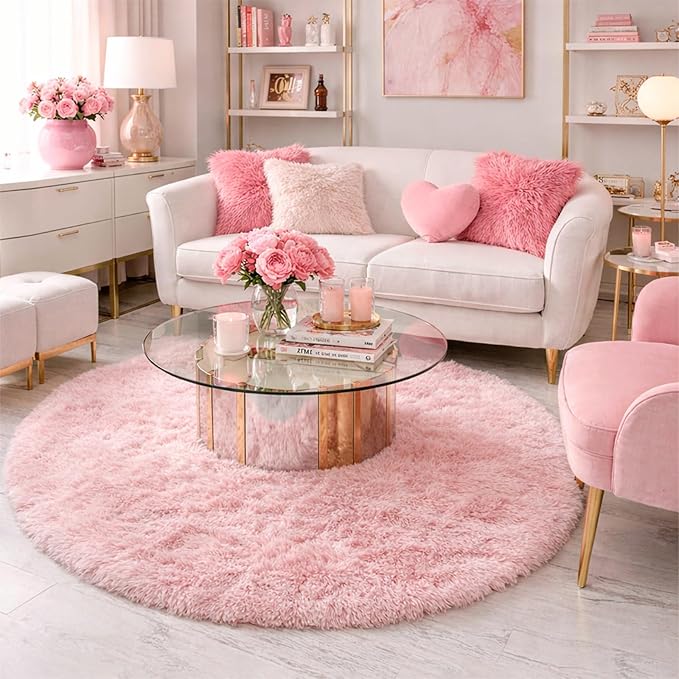 Amdrebio Light Pink Small Cute Round Rug 3Ft for Girls Bedroom, Fluffy Circle Area Rugs for Kids Room Decor Aesthetic, Shag Fuzzy Carpet for Nursery, Preppy Dorm, Classroom, Playroom, Teen, Baby
