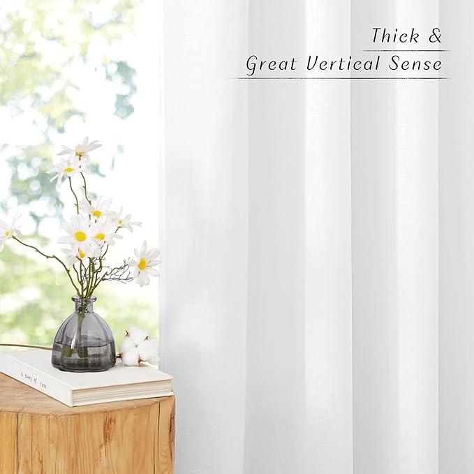 NICETOWN Thick Linen 120 inch Curtains for Living Room, Grommet Privacy Added Linen Burlap with Light Filtering Window Treatments for Bedroom/Living Room, White, W55 x L120, 2 Panels