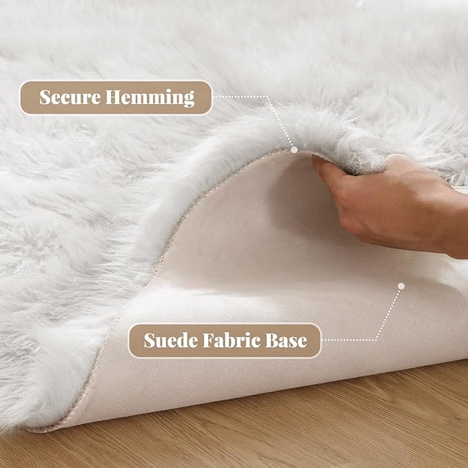 ORINOVA White Fluffy Faux Sheepskin Washable Fur Round Rug 5ft Nursery Rugs for Bedroom Plush Boho Circle Rug for Living Room Teen Room Décor