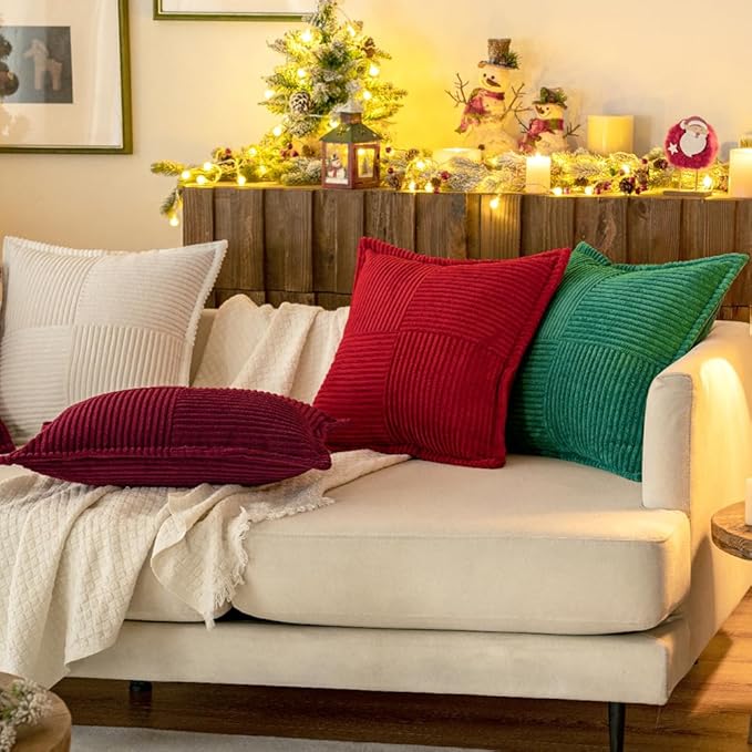 MIULEE Decorative Euro Sham Throw Pillow Covers for Couch Bed Livingroom 24x24 Inch Set of 2 Red Boho Accent Throw Pllows Broadside Striped Patchwork Soft Corduroy Pillowcases