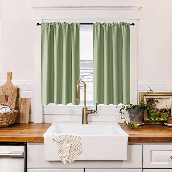 RYB HOME 100% Blackout Short Curtains for Small Window, Thermal Insulated Total Room Darkening Noise Reducing Curtains for Kitchen Bathroom Basement, 34 inches Wide by 48 inches Long, Sage Green