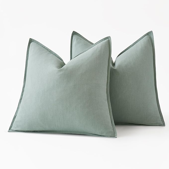 MIULEE Decorative Linen Euro Sham Pillow Covers 22x22 Inch Aqua Green Boho Farmhouse Neutral Spring Couch Throw Pillows for Bed Pack of 2 Accent Modern Pillowcase Summer Sofa Livingroom Home Decor