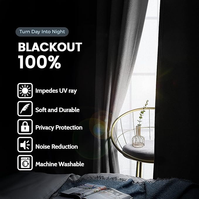 SimpleHome 100% Blackout Curtains for Bedroom,Thermal Insulated Grey Grommet Window Drapes Room Darkening Curtains for Living Room with Black Back,38 x 63 Inch,2 Panels
