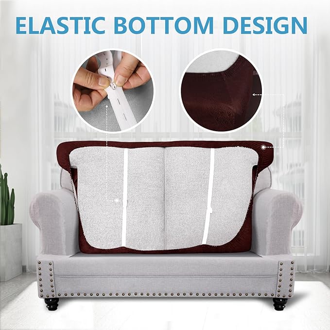Leather Look Couch Cushion Covers Sofa Seat Slipcovers Sets Couches Furniture Protector for Sectional Armchair Loveseat Pets Kids Stretch Spandex Fabric (2 T-Cushion Loveseat, Burgundy)