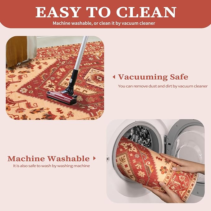 SERISSA Area Rug 3x5 Boho Rugs for Bedroom, Washable Non-Slip Living Room Rug, Ultra Soft Print Distressed Vintage Red Rug Low-Pile Throw Carpet for Entry Kitchen Bedroom Nursery Dorm Decor