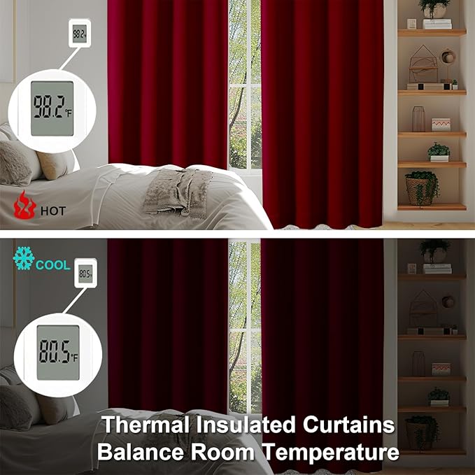 Simplebrand Ava Red Blackout Curtains for Bedroom 96 Inches Long 2 Panels, Solid Thermal Insulated, Energy Saving Nursery Window Treatment Curtains Blackout Drapes, W40 x L96 Inch, Red
