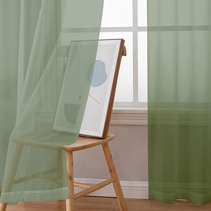 Simplebrand Sage Green Sheer Curtains 90 Inches Long 2 Panels, Light Filtering Rod Pocket Solid Color Window Sheer Curtain Panels, Elegant Curtains & Drapes for Living Room, Bedroom, 42" W x 90" L