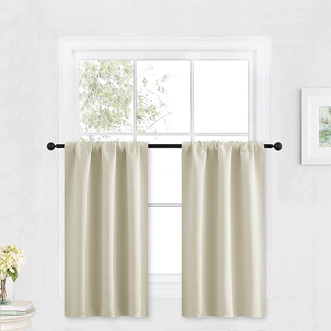 RYB HOME Kitchen Curtains Over Sink 36 inch Length, Rod Pocket Summer Light UV Blocking Energy Efficient, Cabinet Shelf Cupboard Coverings, Width 29 by Length 36, Beige, 2 Panels