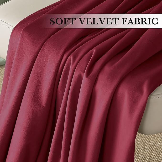 RYB HOME Burgundy Red Velvet Curtains for Christmas Decor, Soft Luxury Backdrops for Studio Theater, Rod Pocket & Back Tab Modern Design for Bedroom Living Room, 52" W x L96 L, 2 Panels Set