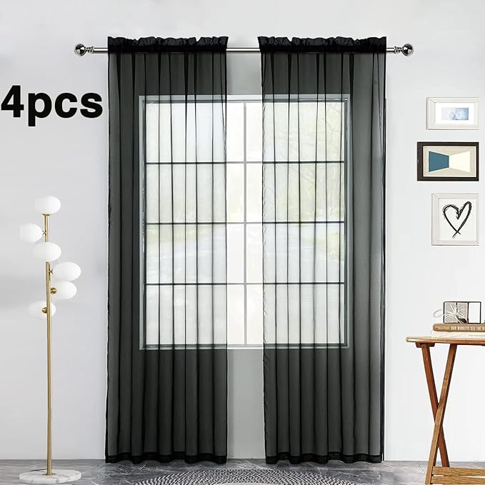 SpaceDresser Black Sheer Curtains 4 Panels Rod Pocket Semi-Sheer Curtain 63 Inches Long Light Filtering Voile Window Drapes for Bedroom Living Room Kitchen, Each 52W x 63L