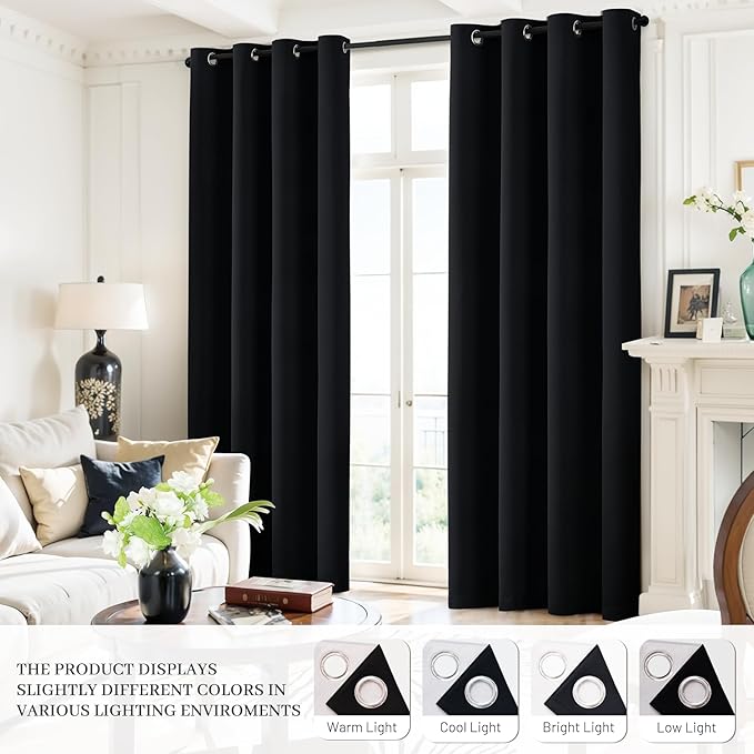 Yakamok 100% Blackout Curtains Black Room Darkening Thermal Insulated Window Curtain with 2 Thick Layers-Set of 2 Panels Grommet Top Drapes for Bedroom Living Room 52 Inches by 84 Inches Length