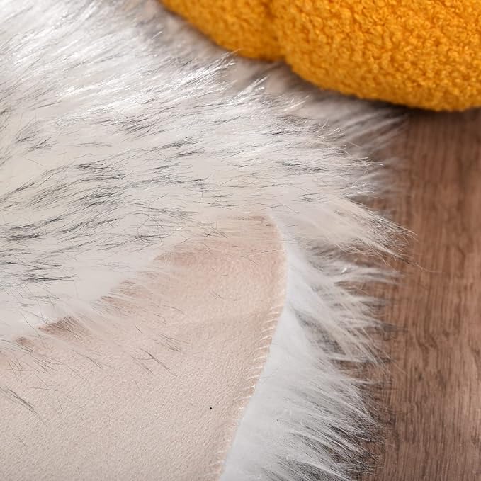 ORINOVA Grey and White Washable Shaggy Round Rug 5ft Circle Faux Sheepskin Furry Fur Rugs for Bedroom Nursery Rug