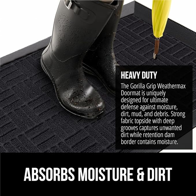 GORILLA GRIP 100% Waterproof All-Season WeatherMAX Doormat 35x23, US Designed Natural Rubber, Stain and Fade Resistant, Low Profile Indoor Outdoor Door Mats, Easy Clean Patio Mat, Black Maze