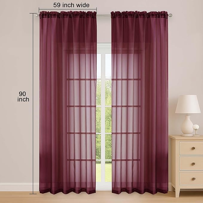 OWENIE Sheer Curtains 84 Inches Long 2 Panels Set, Burgundy Sheer Curtain for Living Room Bedroom, Modern Filmy Rod Pocket Curtains Drapes, 2 Pcs, Each 59 W x 84L, Burgundy