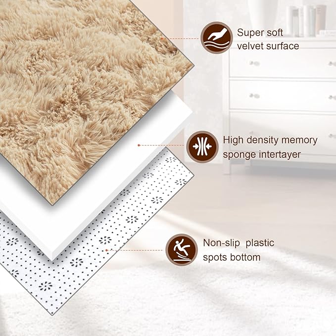 TWINNIS Super Soft Shaggy Rugs Fluffy Carpets 6x9 Feet, Indoor Modern Plush Area Rugs for Living Room Bedroom Kids Room Nursery Home Decor, Upgrade Anti-Skid Rectangular Fuzzy Rug, Light Tan