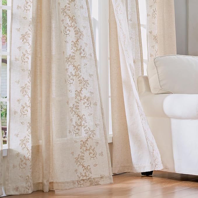 jinchan Evelyn Embroidered Linen Curtains for Living Room Elegant Farmhouse Decor Beige Floral Curtains Semi Sheer Light Filtering Window Drapes for Bedroom Rod Pocket Back Tab 2 Panels W50 x L84