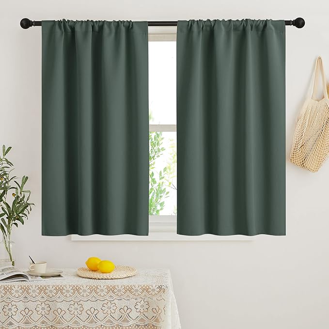 RYB HOME Short Blackout Curtains for Bedroom, Room Darkening Insulated Summer Heat Light UV Blocking Energy Saving Drapes for Nursery, Width 34 by Length 45, Dark Green, Set of 2