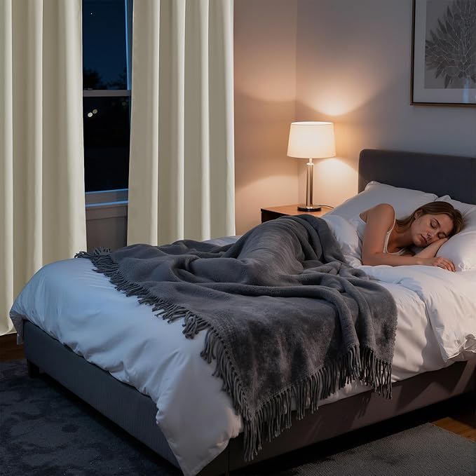 RYB HOME Bedroom Blackout Curtains 80 inches Long, 100% Blackout Thermal Insulated Noise Reducing Curtains for Living Room Nursury, 34 inches Wide by 80 inches Long, Natural