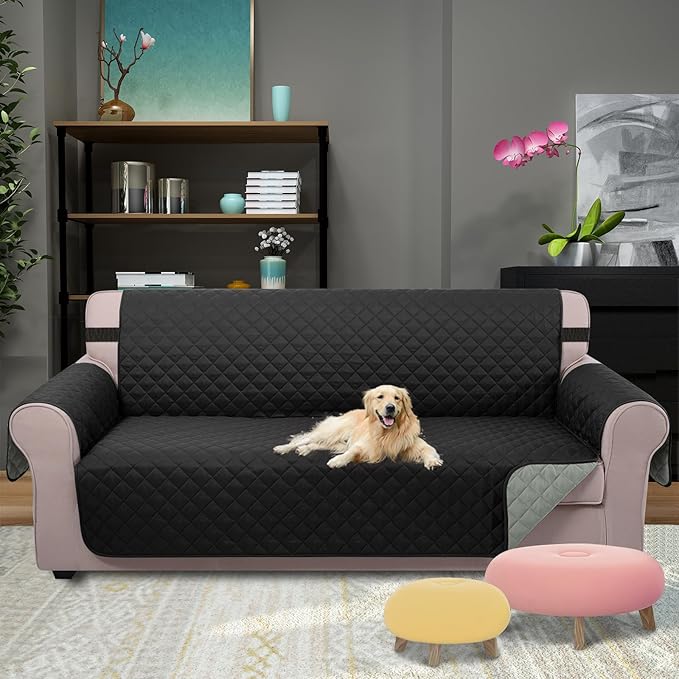 U-NICE HOME 4 Seater Sofa Cover 91 Inch Large Couch Covers for 4 Cushion Couch with Elastic Straps Water Resistant Furniture Protector Cover for Pets Cat (Sofa XX-Large, Black/Grey)