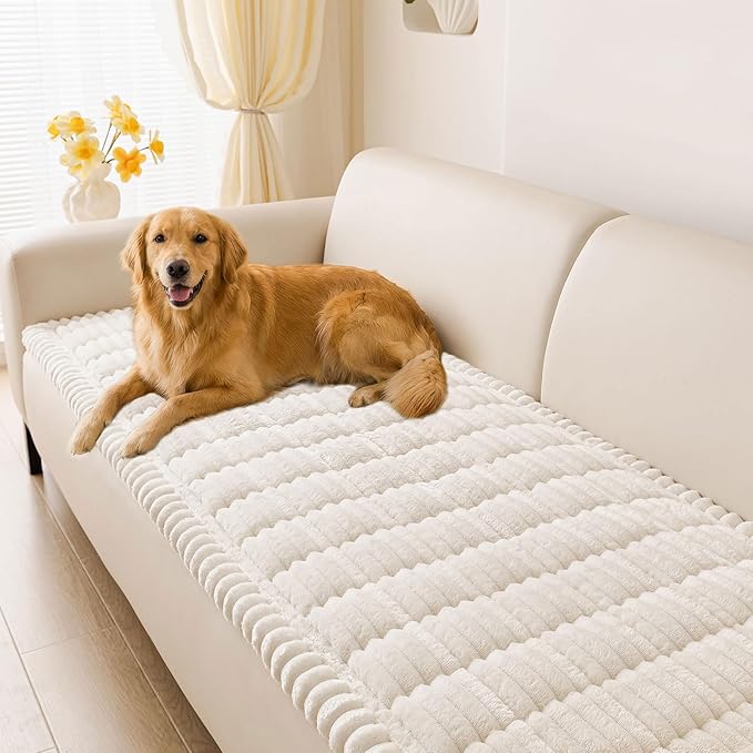 hyha Couch Covers for Dogs Washable, Non Slip Plush Dog Sofa Protectors, Fuzzy Pet Couch Covers for 3 Cushion Sofa Pet Friendly (White, 27.6" x 47")