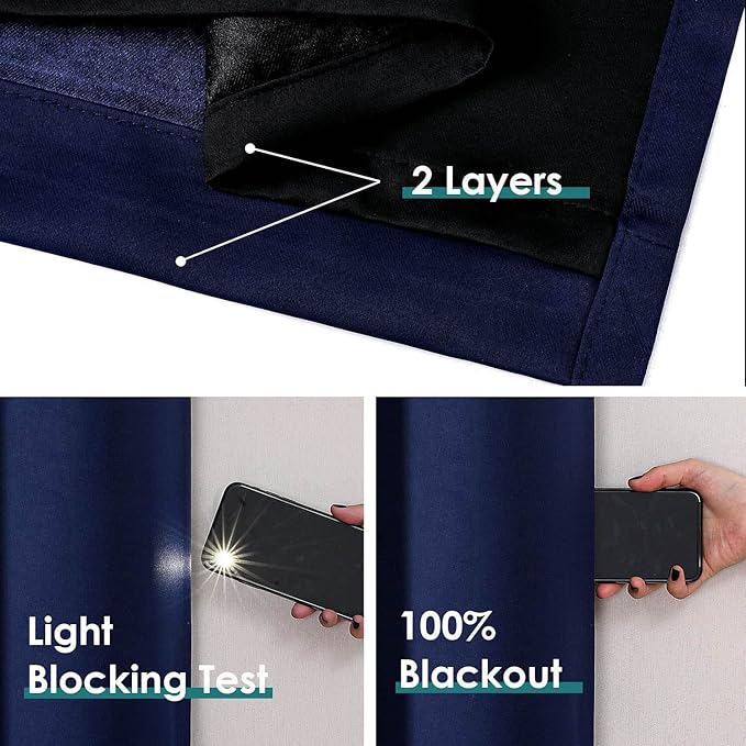 ChrisDowa 100% Blackout Curtains for Bedroom with Black Liner, 2 Thick Layers Total Blackout Thermal Insulated Grommet Window Curtains 2 Panels Set (Navy Blue, 42 x 63 Inch)