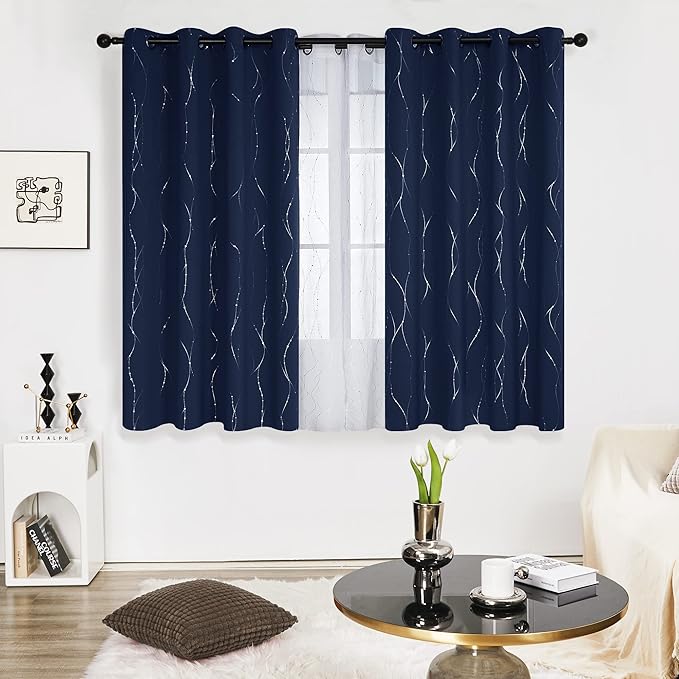 Deconovo Short Window Curtains, Navy Blue Blaakcout Curtain for Kitchen, Thermal Insulated Soundproof Drapes with Silver Wave Dots Prit, Grommet Top, Machine Washable for Nursery Bedroom Living Room