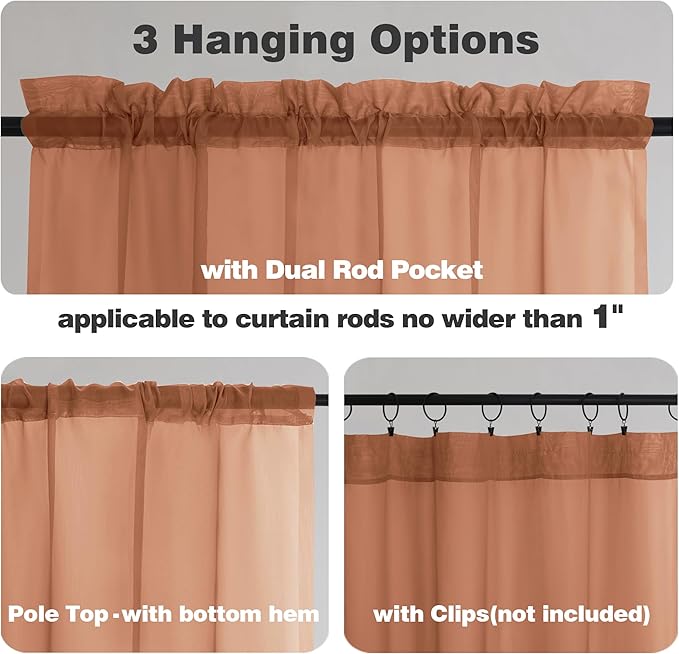 Chyhomenyc Burnt Orange Sheer Curtains 84 Inch Length 2 Panels, Light Filtering Soft Airy Voile Rod Pocket Sheer Window Drapes for Bedroom Living Room, Each 42Wx84L Inches