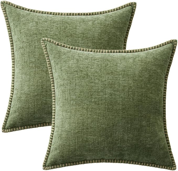 MIULEE Pack of 2 Couch Throw Pillow Covers 16x16 Inch Sage Green Farmhouse Decorative Pillow Covers with Stitched Edge Soft Chenille Solid Dyed Spring Pillow Covers for Sofa Bed Living Room