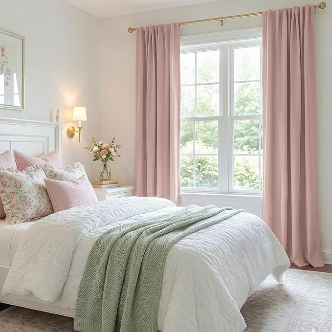 100% Blackout Shield Blush Linen Blackout Curtains for Bedroom 90 Inches Long, Back Tab/Rod Pocket Living Room Drapes, Thermal Insulated Blackout Curtains 2 Panels Set, 50" W x 90" L