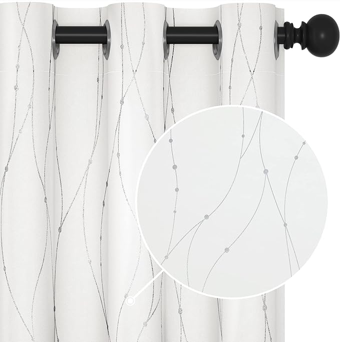 Deconovo White Curtains, Room Darkening Curtain, Thermal Insulated Soundproof Drapes, Wave Dots Silver Print, 38 x 36 Inch Long, Grommet Top, Window Panels for Living Room Bedroom Kitchen, Set of 2