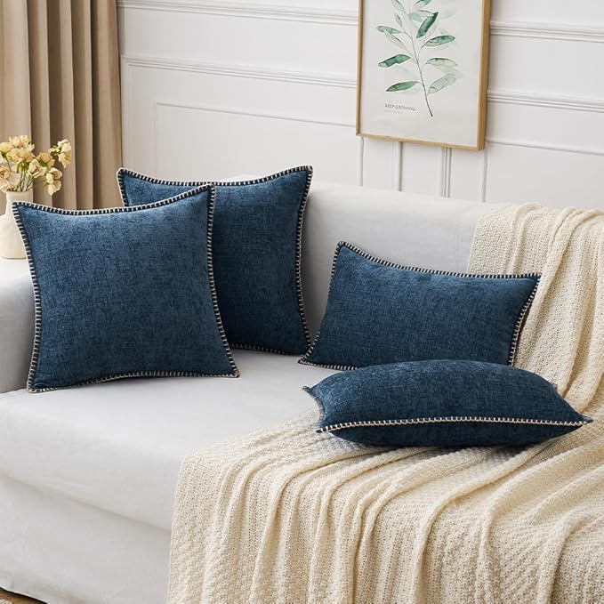 MIULEE Pack of 2 Couch Throw Pillow Covers 16x16 Inch Dark Blue Farmhouse Decorative Pillow Covers with Stitched Edge Soft Chenille Solid Dyed Spring Pillow Covers for Sofa Bed Living Room