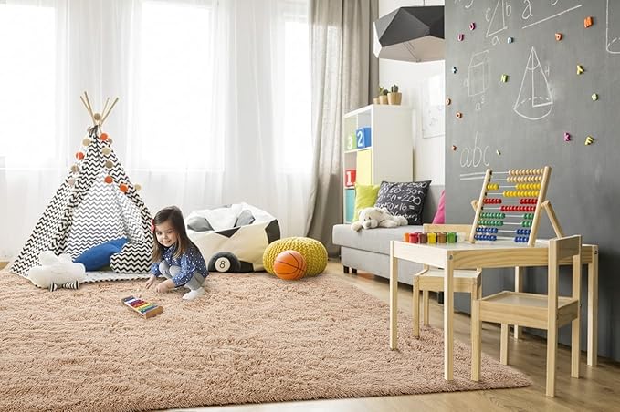 TWINNIS Super Soft Shaggy Rugs Fluffy Carpets, 4x5.9 Feet, Indoor Modern Plush Area Rugs for Living Room Bedroom Kids Room Nursery Home Decor, Upgrade Anti-Skid Fuzzy Rug, Light Tan