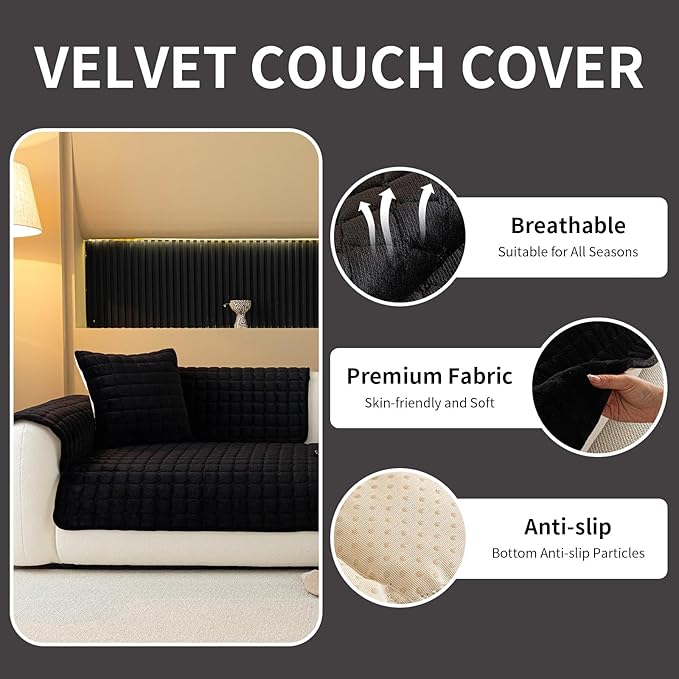 Velvet Couch Cover, Plush Sectional Sofa Cover Washable, Anti Slip Sofa Slipcover for 2-3 Cushion Sofas, Furniture Protector Covers for Pets & Kids(1PC, Black, 35.4"×63", Loveseat)