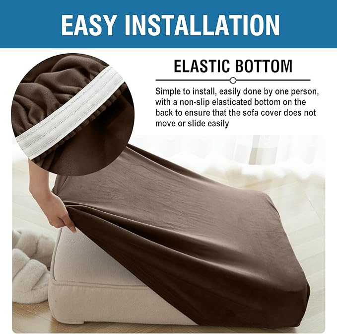 Couch Cover 6-Piece Elastic Velvet Couch Cushion Covers & Chaise Slipcovers for L-Shaped Sofas - Sofa Seat Covers Washable, Soft Protector for Couches (5 Seater + Chaise, Coffee)