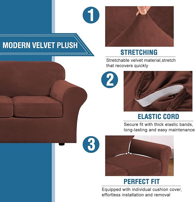 H.VERSAILTEX Real Velvet Plush 3 Piece Stretch Sofa Covers Couch Covers for 2 Cushion Couch Sofa Slipcovers Width Up to 90 Inch Feature Thick Soft Stay in Place (Sofa, Burnt Brick)